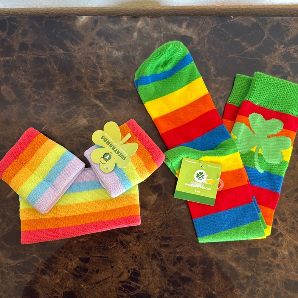 New! St. Patrick’s Day Bundle- Rainbow Sweatband Set and Rainbow Knee High Socks